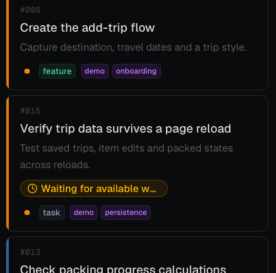 To Do column with tickets, one showing Waiting for available worker