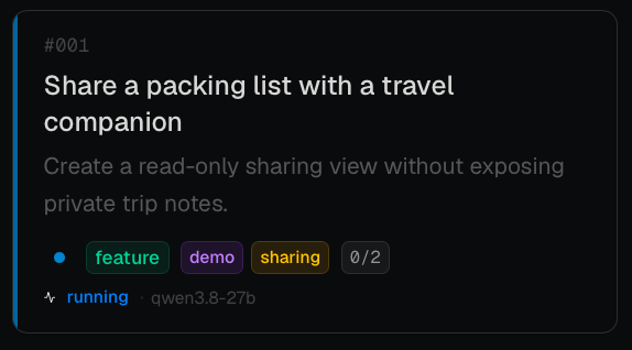 Ticket card 001, Share a packing list with a travel companion, showing running on qwen3.8-27b.